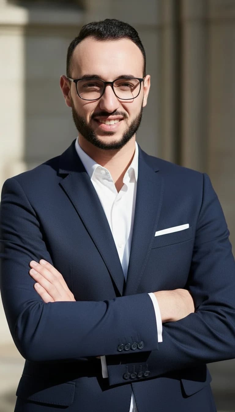 Professional portrait of Khalid Arafa, senior web and mobile app developer, wearing a navy suit